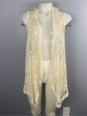 Late for Dinner Open Front Hooded Lace Cardigan Cream XL Sleeveless Boho